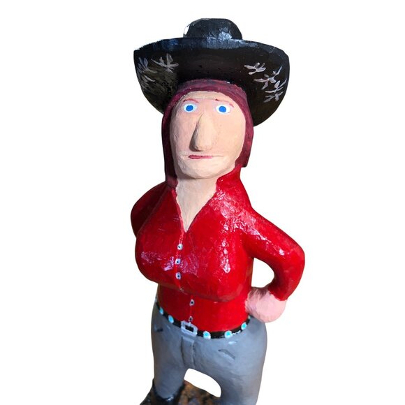 Folk Art Hand Carved Wooden Cowgirl Woman Figurine Western Black Hat Handmade - Picture 10 of 14